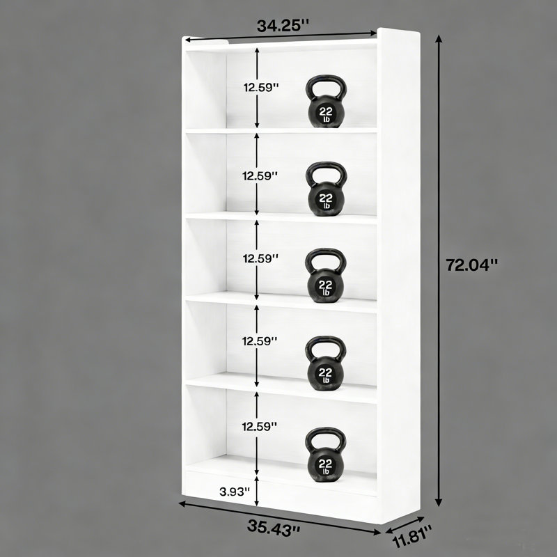72" H X 35.4"W Tall Bookcase, 6-Tier, White, White