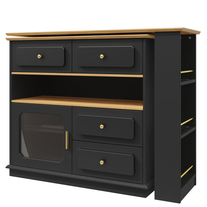Kitchen Island With 1 Door, 4 Drawers And Extendable Table, Black
