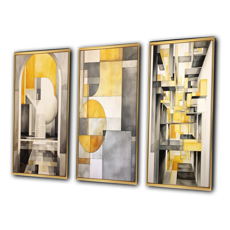 «Yellow and Gray Intersecting Realities», 3 pièces, Cadre flottant doré, H 40 po x l 60 po