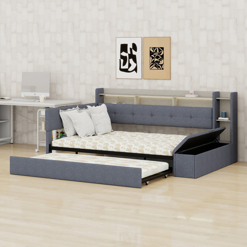 Modern Upholstered Daybed with Storage Footstool, Built-In Shelves, Trundle, USB and LED, Grey