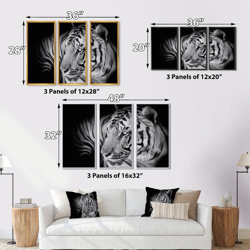 Portrait monochrome d'un tigre blanc VII - ensemble d'art mural sur toile traditionnel encadré de 3, Blanc