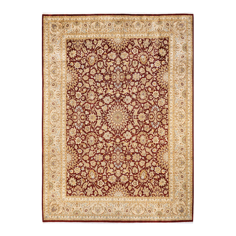 Tapis rouge / ivoire noué à la main de conception unique 9 pi 2 po x 12 pi 5 po Shevaun