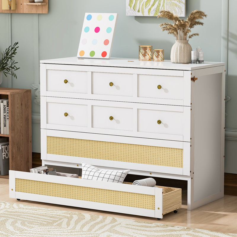 Lit escamotable avec grands tiroirs, style classique, rotin et rangement., Blanc