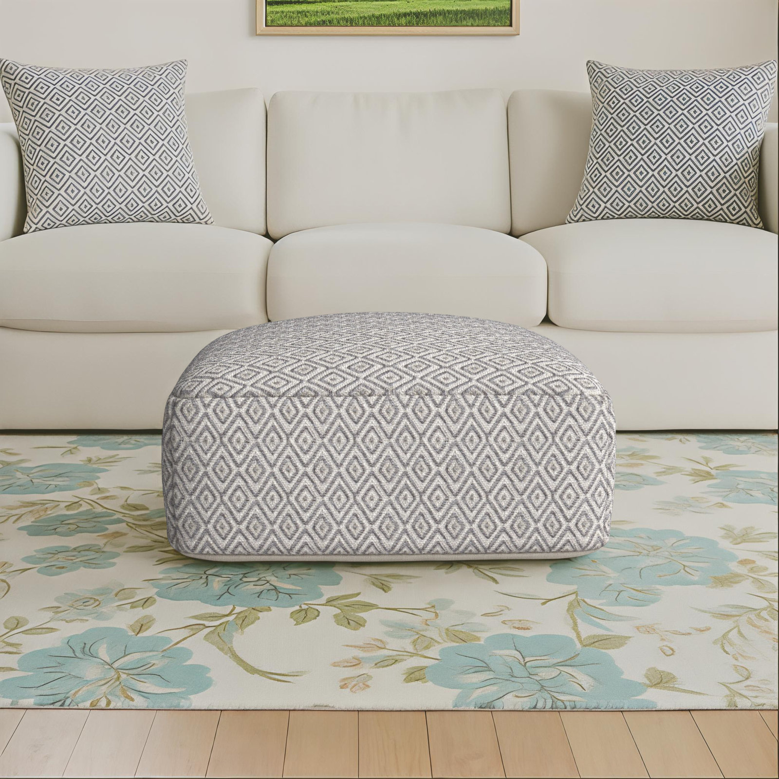 Iyanola 34'' Wide Square Geometric Pouf Ottoman, Beige/Gray