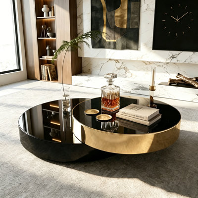 Pre- Assembly Modern Oversized 360° Swivel 2-Tier Round Extendable Nesting Coffee Table, 39.37" Mirror Black Glass Top & Gold Stainless Steel Frame for Living Room