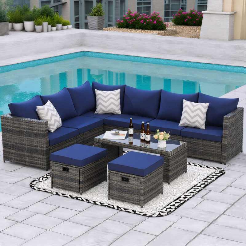 6 Piece Outdoor Seating Group With Cushions, Dark Blue