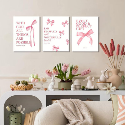 Coquette rose arc, ensemble d'art mural sur toile, 3 versets bibliques inspirants, décorations, photos, esthétique pour filles
