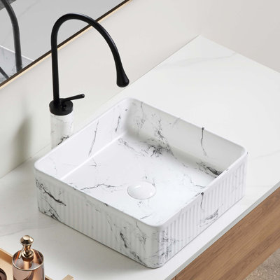 Lavabo vasque carré en marbre 15 po x 15 po, lavabo vasque de salle de bain rond au-dessus du comptoir, lavabo de comptoir en céramique pour lavabo de meuble-lavabo avec robinet Darin
