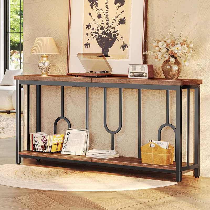 Table d'entrée 63 pouces, console industrielle à 2 niveaux avec rangement, table d'appoint, pour entrée, couloir, entrée, vestibule, structure en métal en forme de U, brun rustique