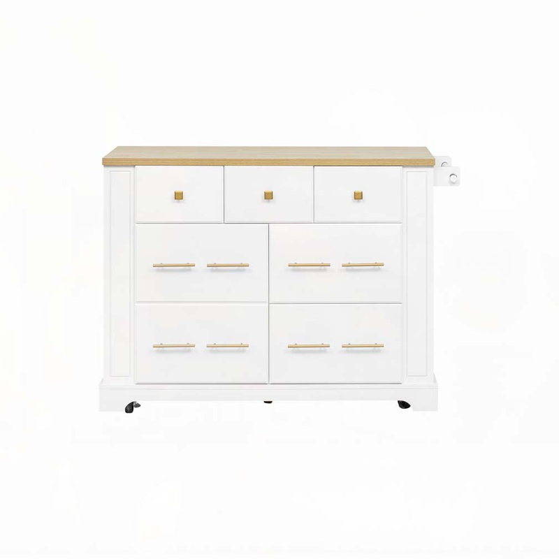 Kitchen Island with 6 Drawers, Pull Out Trash Can Storage, Rolling Kitchen Island on 5 Wheels with Drop Leaf