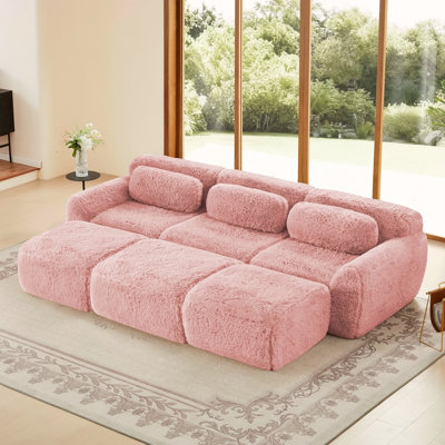 3-Seater Soft Plush Fabric,32D High Density Spong,Movable Ottoman Free Combination,No Assembly Required Bottom Anti-Slip Design,Buckle Connection For Bedroom,Living Room, And Home Theater,Pink