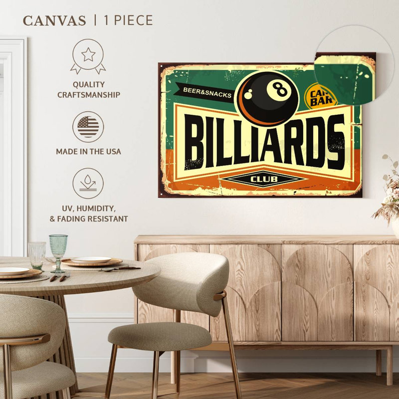 «Billiards Club», reproduction sur toile, H 32 po x l 48 po x P 1,25 po