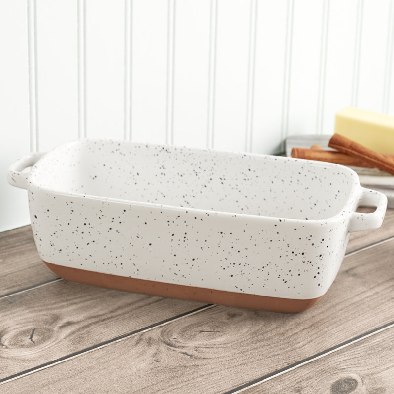 Speckled White Stoneware Loaf Pan with Handles
