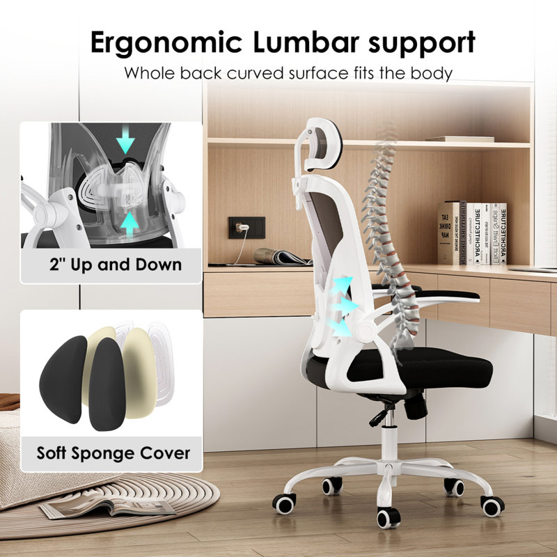 Chaise de bureau ergonomique en maille à haut dossier avec appui-tête réglable et soutien lombaire, Blanc, Noir
