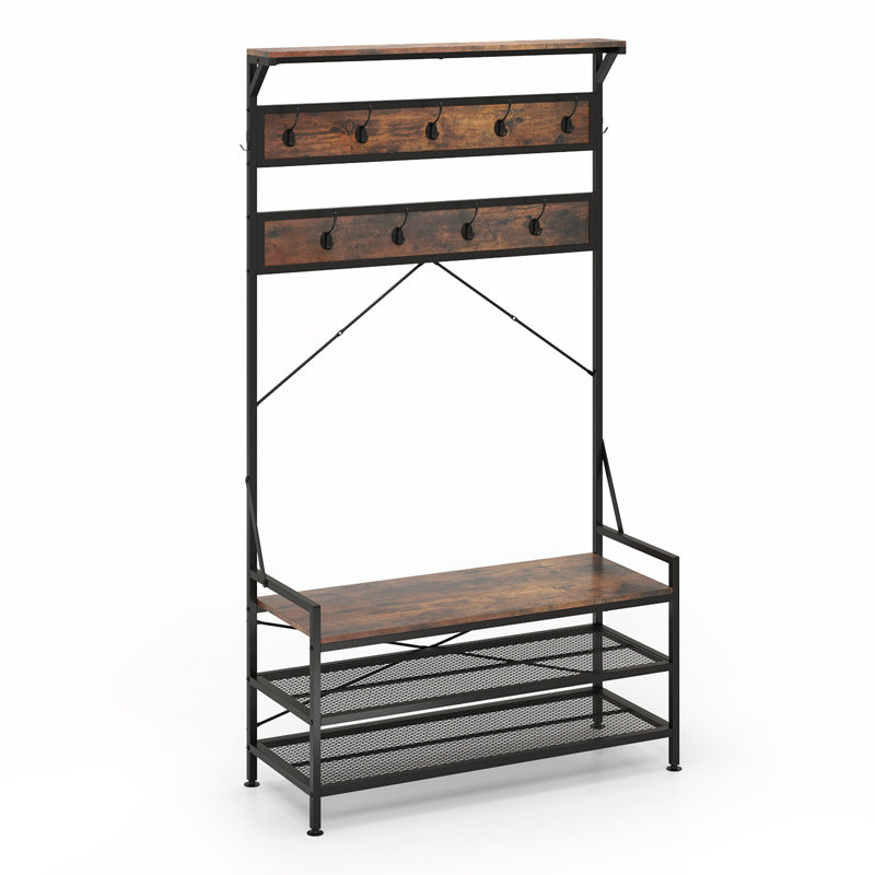 Coat Rack 4-in-1 Hall Tree With 11 Hanging Hooks, Shoe Bench, 2-tier Shoe Rack, Brown