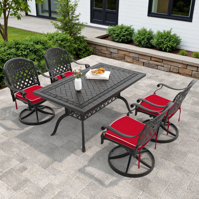 5-Piece Rectangular Cast Aluminum Patio Dining Set with Swivel Chairs & Cushions