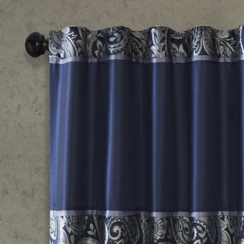 Extended Blue Faux Silk Jacquard Drapes with Trim