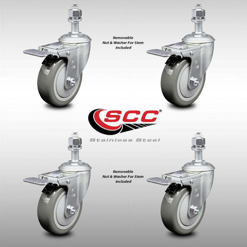 4 Inch SS Gray Polyurethane ½ Inch Threaded Stem Caster Set Total Lock Brake
