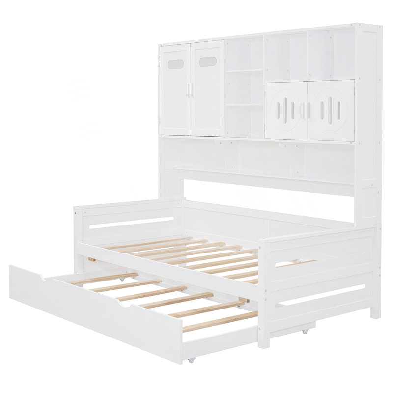 Wooden Daybed With Twin Size Trundle, And All-In-One Cabinet And Shelf, Twin, White