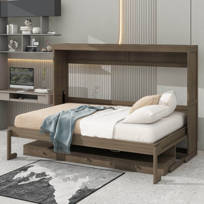 Grand lit escamotable avec tiroirs, coiffeuse et miroir central