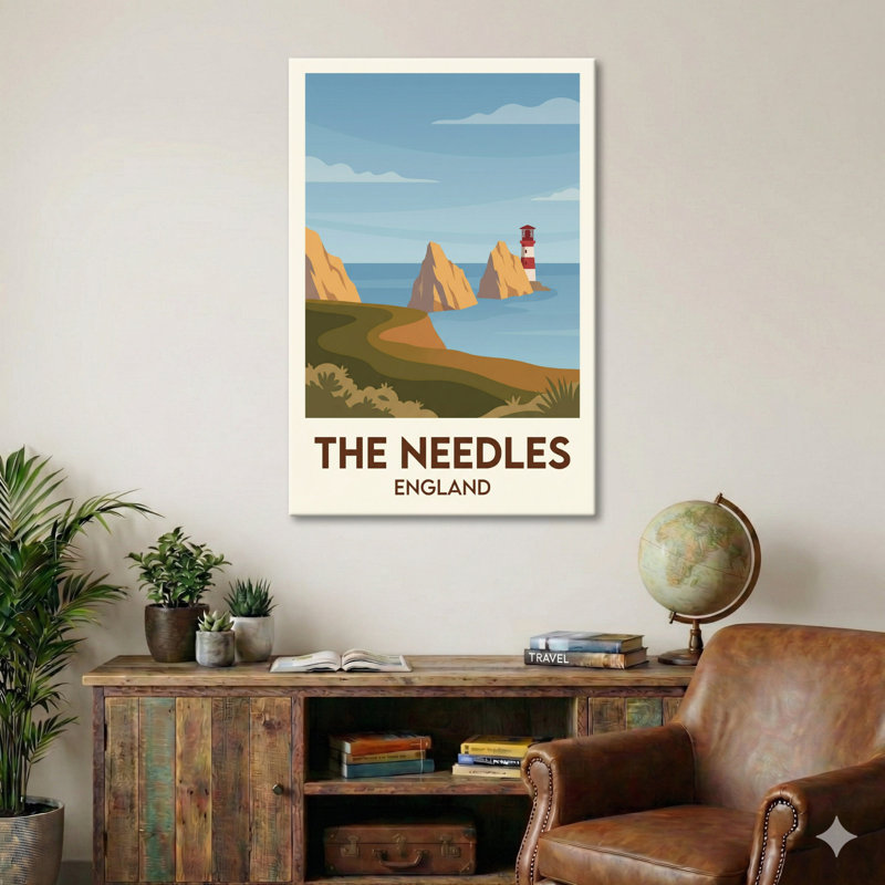 The Needles, England - Romantic Coastal Travel Poster of Isle of Wight Chalk Stacks and Lighthouse. Giclee Print on Wrapped Canvas. Wall Art, Home Decor - Natural Landmarks, England 1 Piece Wrapped Canvas Wall Art