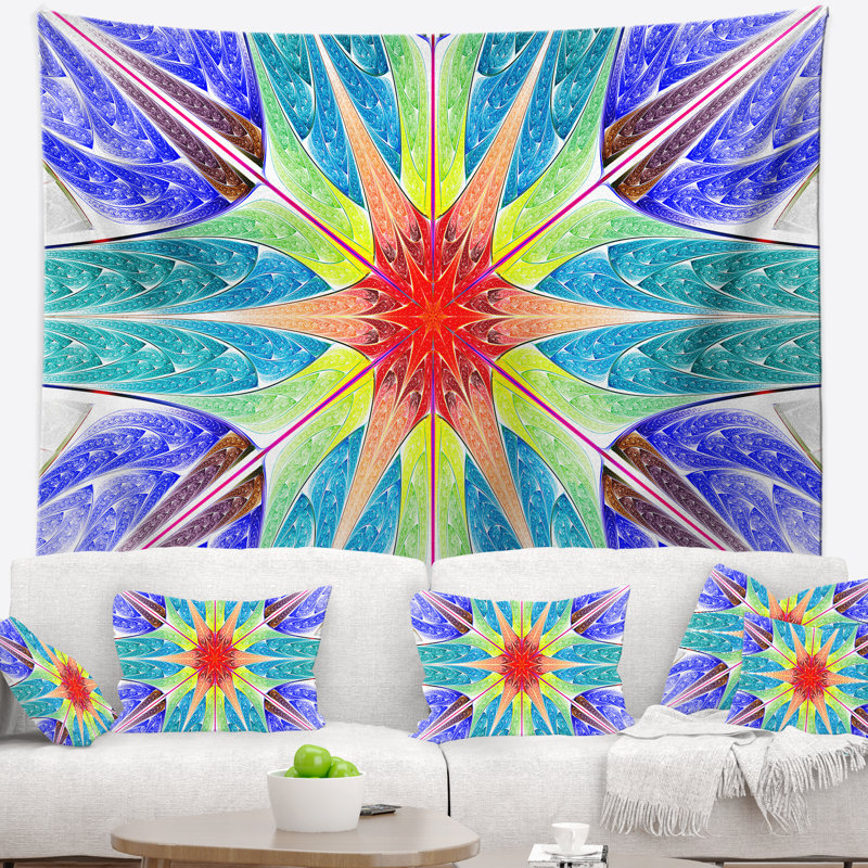 Tapisserie abstraite en motif bleu fractal, H 32 po x l 39 po