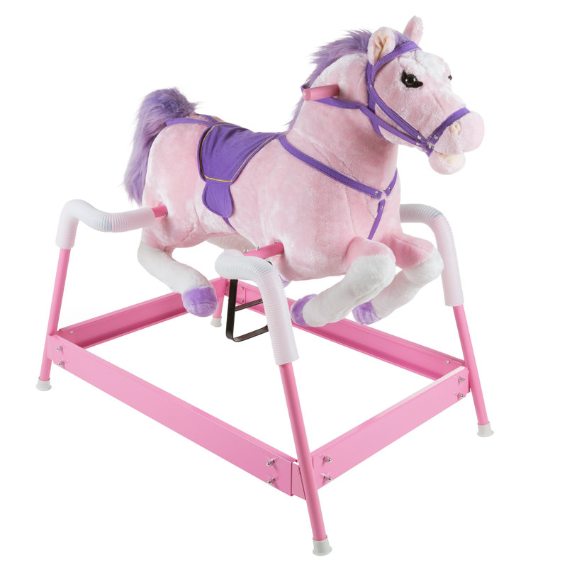 Spring Rocking Horse - Plush Bouncy Ride-On Toy with Fun Sounds, Wood Handles, and Adjustable Stirrups for Kids Ages 3 to 6 by Happy Trails