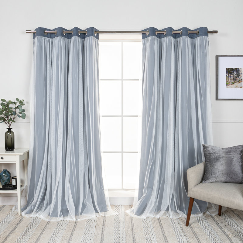 Fortuna Brockham Solid Tulle Overlay Room Darkening Grommet Curtain Panels, Stone, 52" W x 84" L