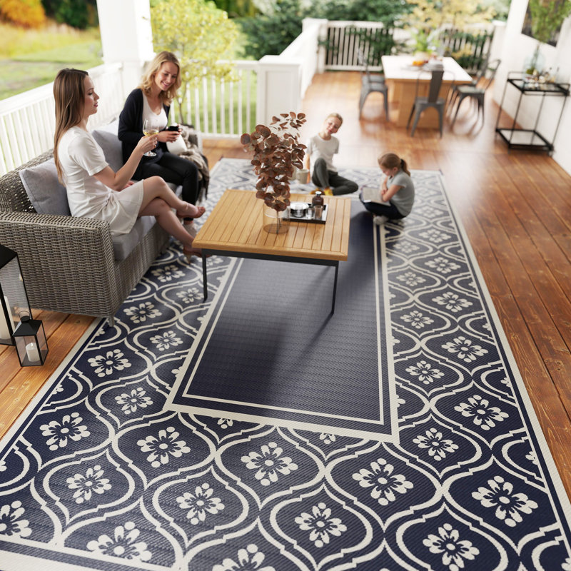 Reversible Outdoor Rug,  Waterproof Plastic Straw Floor Mat, Portable RV Camping Carpet, Large Floor Mat for Backyard, Deck, Picnic, Beach, Blue & White Gourd Border