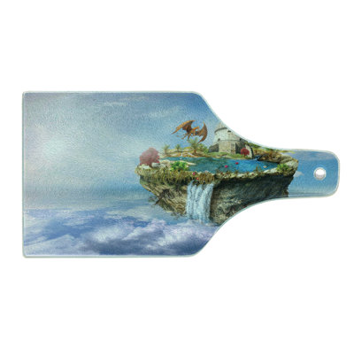 Ambesonne Fantasy Tempered Glass Cutting Board Dragon Castle Tower Green and Blue