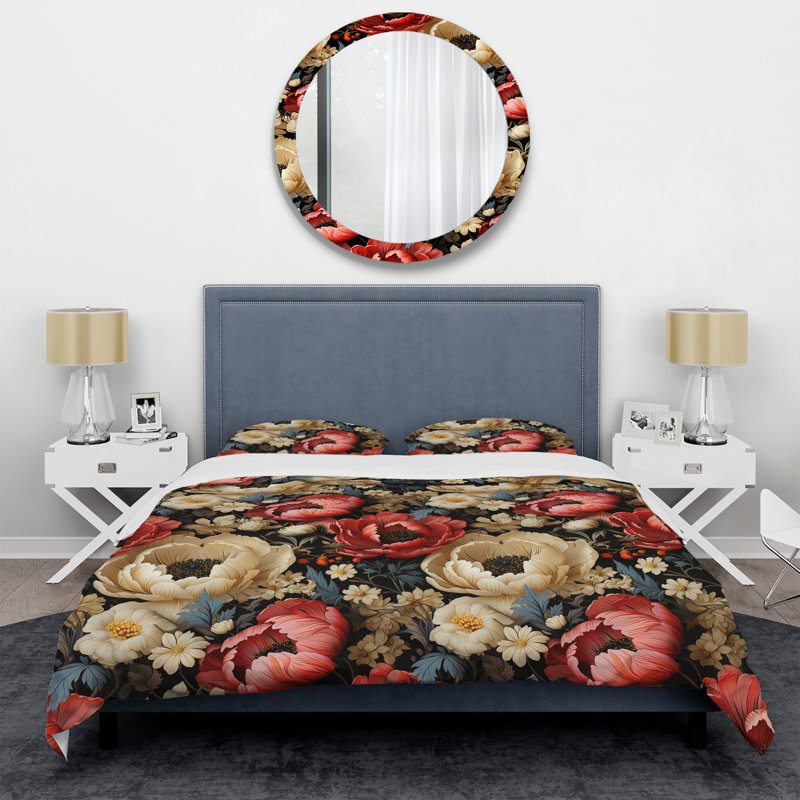 Ensemble de housse de couette à motif floral Red And Beige Elegant Poppy Blossum Field