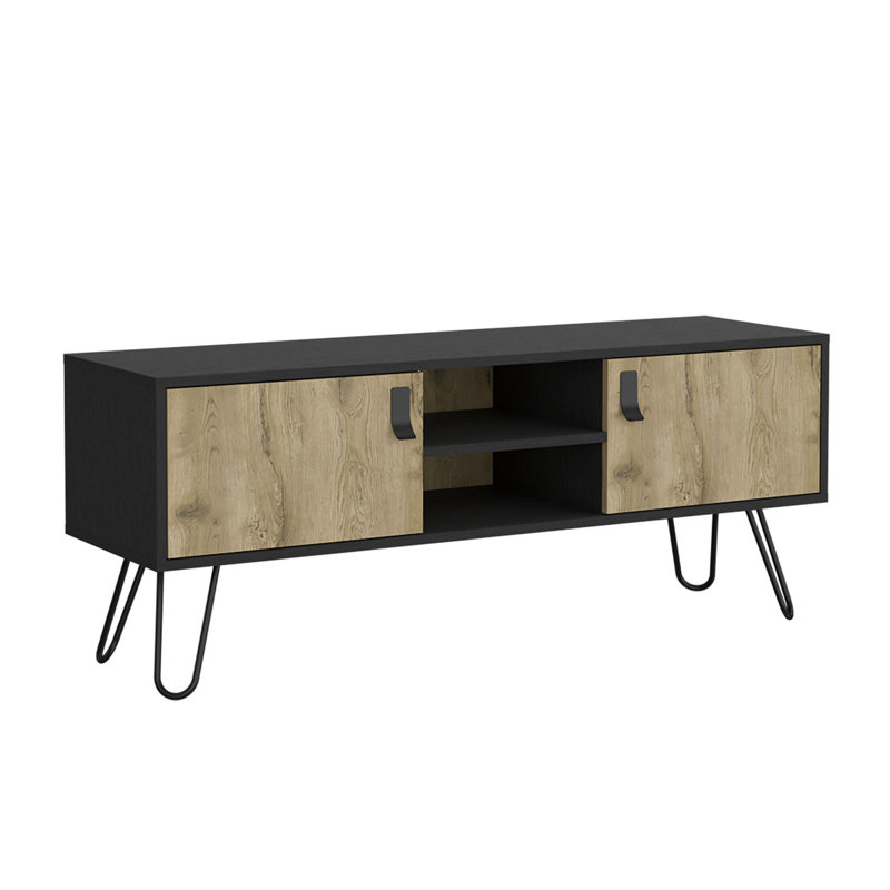 Meuble télé Huna Hairpin Legs, deux tons avec 2 portes et tablettes ouvertes