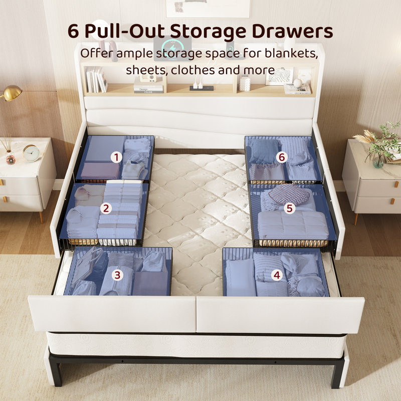 King Bed with 6 Storage Drawers & Headboard, Upholstered Platform Bed with Charging Station, White, White, King