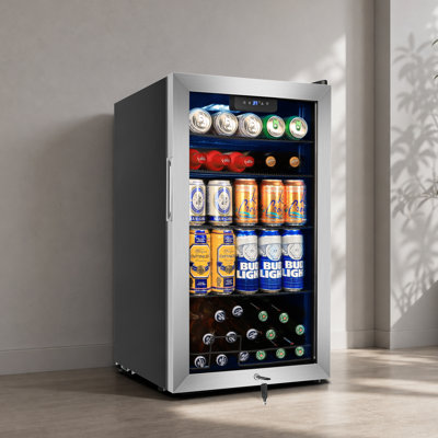 130 Can Beverage Refrigerator Cooler, 3.22 Cu.ft Beverage Cooler With Low-E Glass Door, Safety Lock, Beverage Fridge For Soda, Beer, Wine, Mini Fridge For Home, Office, Bar, Bedroom