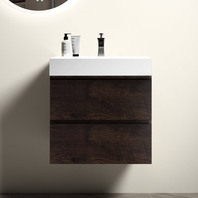 Meuble-lavabo en noyer - 24 po, grand rangement, lavabo blanc, tiroirs lisses silencieux, sans robinet ni drain