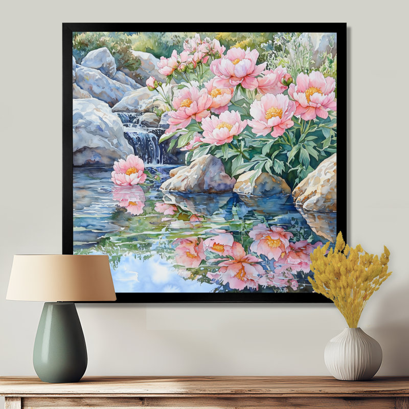 Pivoines près du ruisseau II - Art mural de pivoines pour le salon, Reproduction encadrée d'une seule photo, Noir
