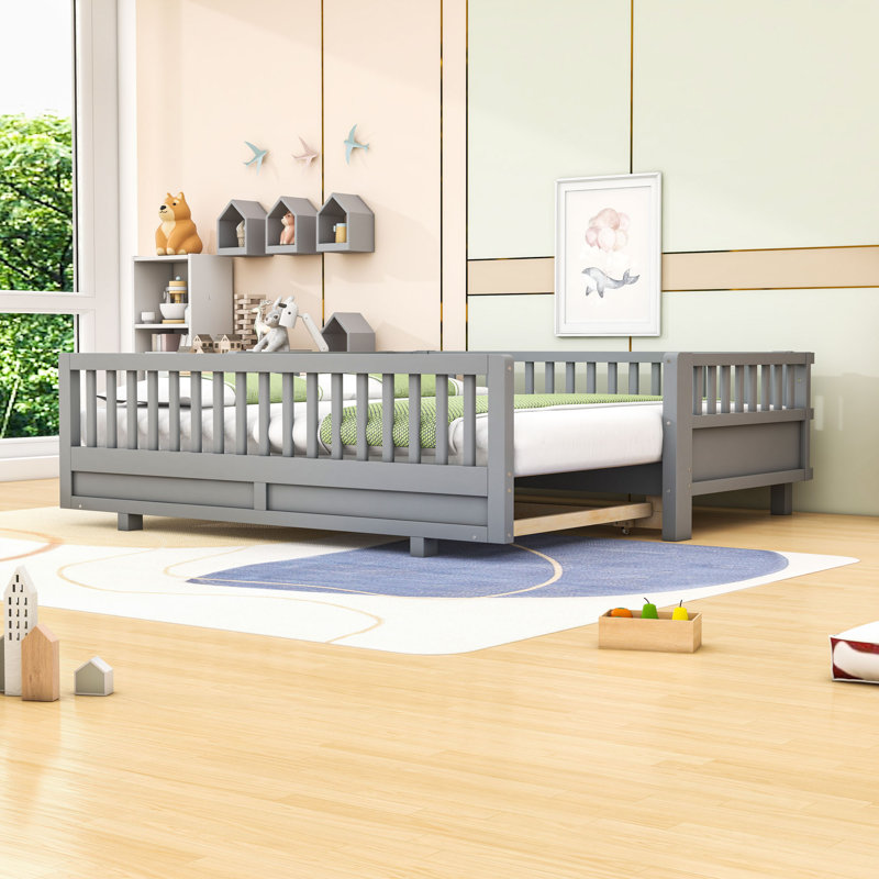 Lit plateforme extensible en bois avec garde-corps et lattes, Gris, Simple