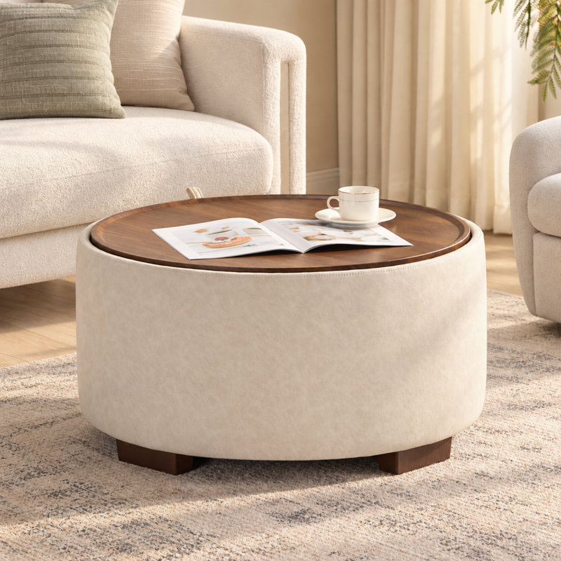 30" Round Coffee Table With Wood Tray Top and Storage, Beige, Beige