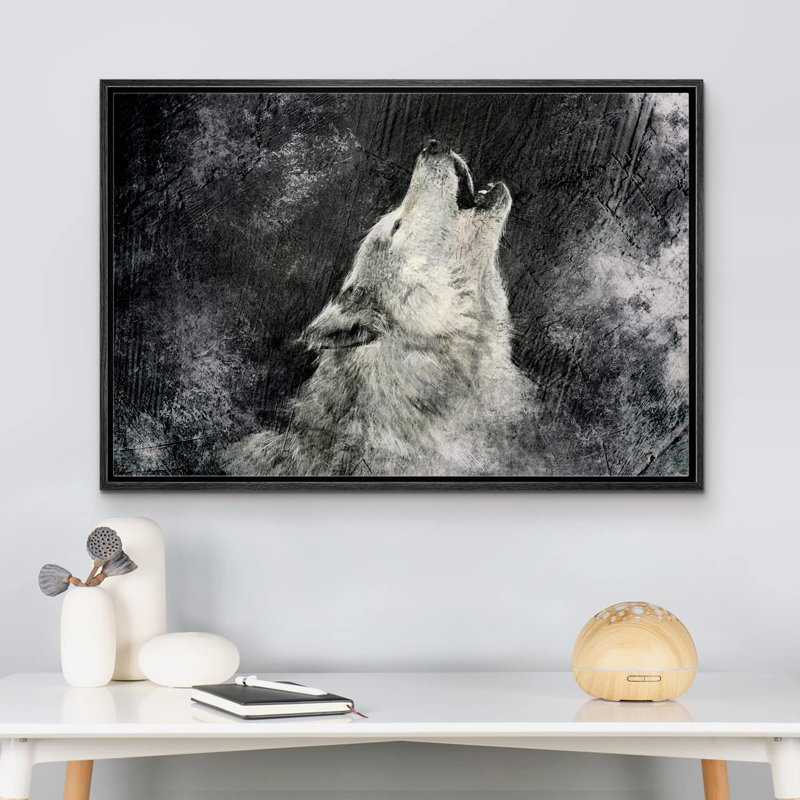 «Howling Wolf On Grunge Black Animals Wildlife» sur toile, Cadre noir, H 24 po x l 36 po