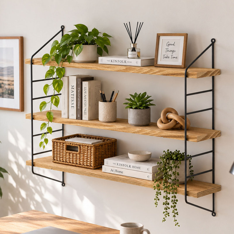 3 Tier Wall Mounted Floating Shelf with Wood Shelves Black Metal Frame