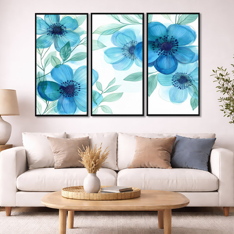 «Blue Wildflowers», art mural sur toile Meadow, H 40 po x l 60 po, Cadre flottant noir