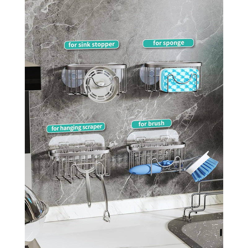 Stainless Steel Multifunctional Sponge Holder For Kitchen Sink With M-Shaped Design, 2 Installation Methods, Fast Drainage, And Space-Saving Organizer For Sponge, Brush, And Scraper