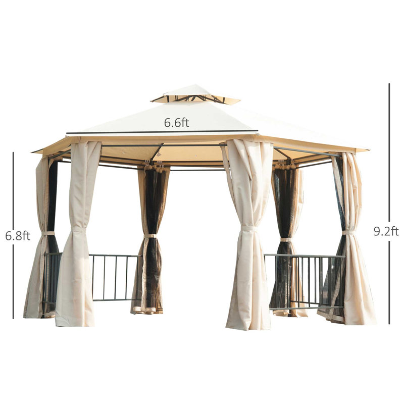 Beige Gazebo For Patio - Double Roof Hexagon Outdoor Shelter With Netting & Curtains, Steel Construction Privacy Curtains Canopy Netting, Frame,