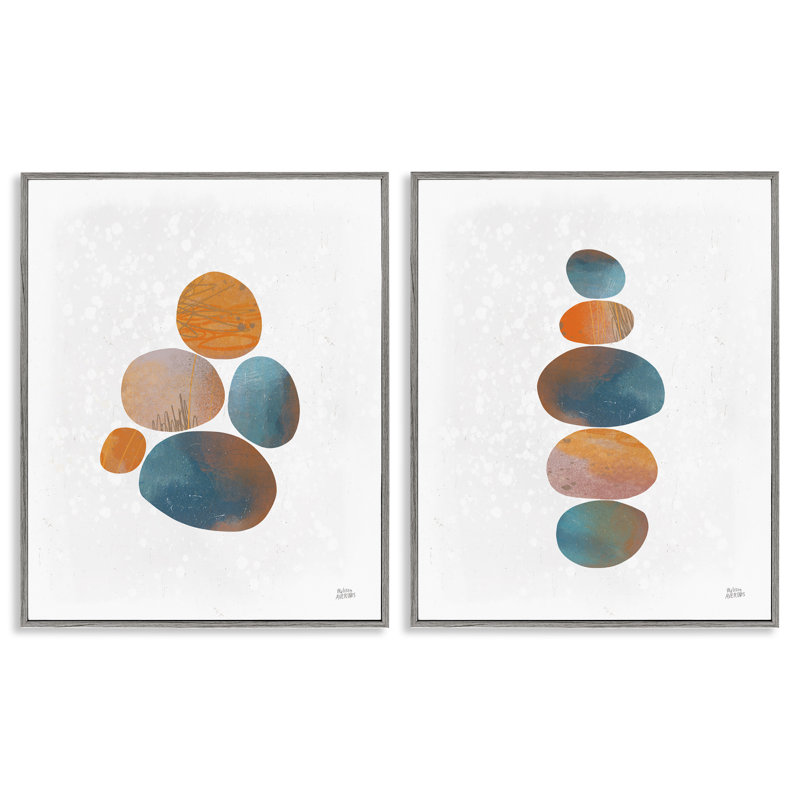 Abstract Patterned Stones Organic Round Blue Orange  2pc Gray Farmhouse Rustic Oversized Framed Giclee Texturized Art Set by Melissa Averinos