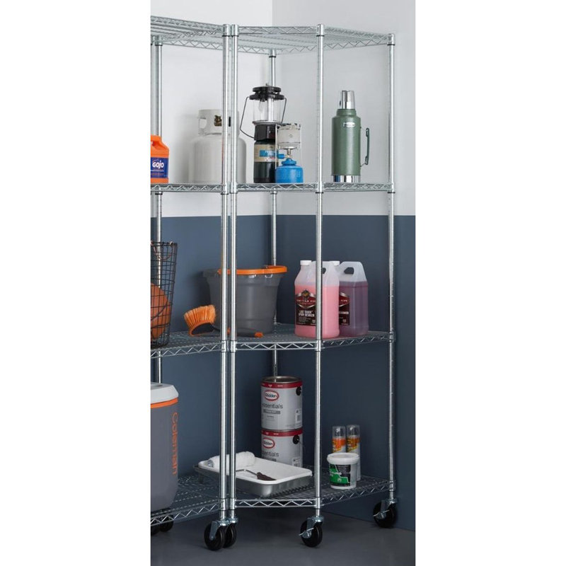 Adjustable Gray Steel 4-Tier Corner Shelving Unit with Wheels