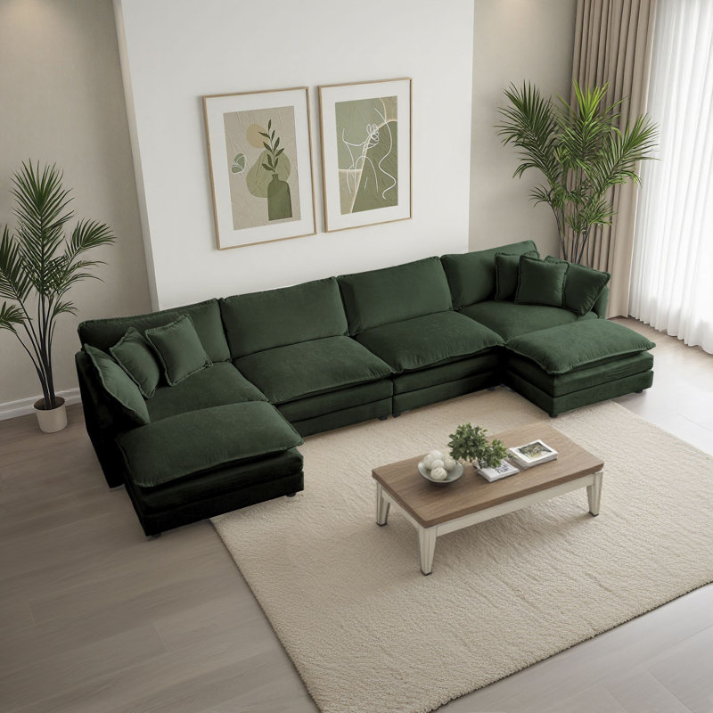 Grand canapé modulaire en U modulaire en chenille 6 pièces Clithoe, canapé rembourré en chenille avec 2 repose-pieds amovibles