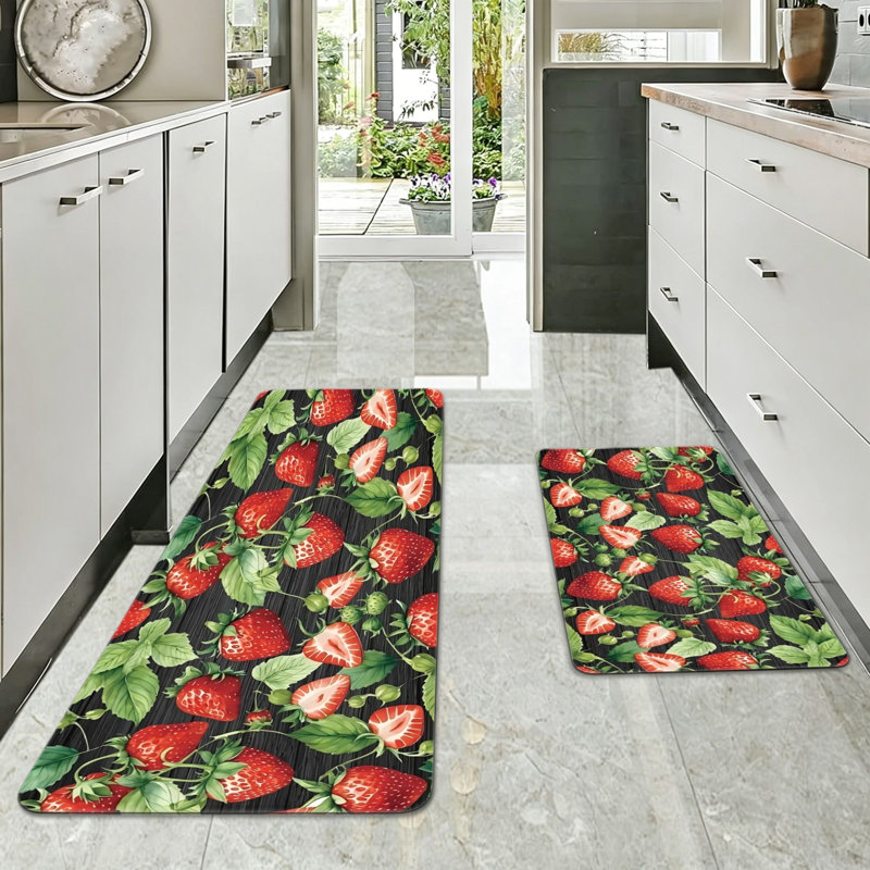 Black Background Strawberry Print Set of 2 Kitchen Floor Mats, Kitchen Dining Room