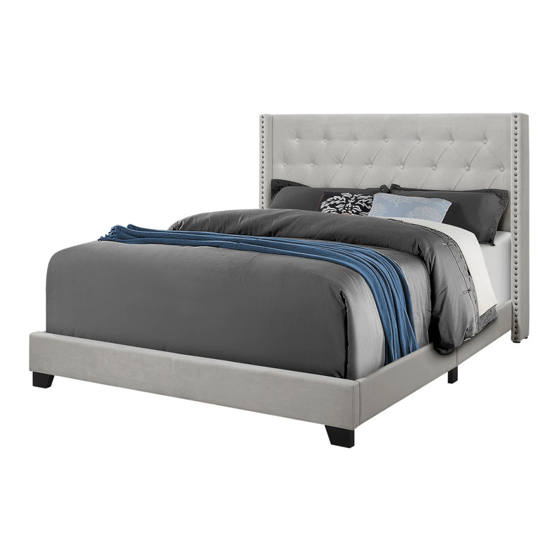 Lio Bed, Button Tufted Wingback Headboard, Velvet Upholstery, Queen, Gray