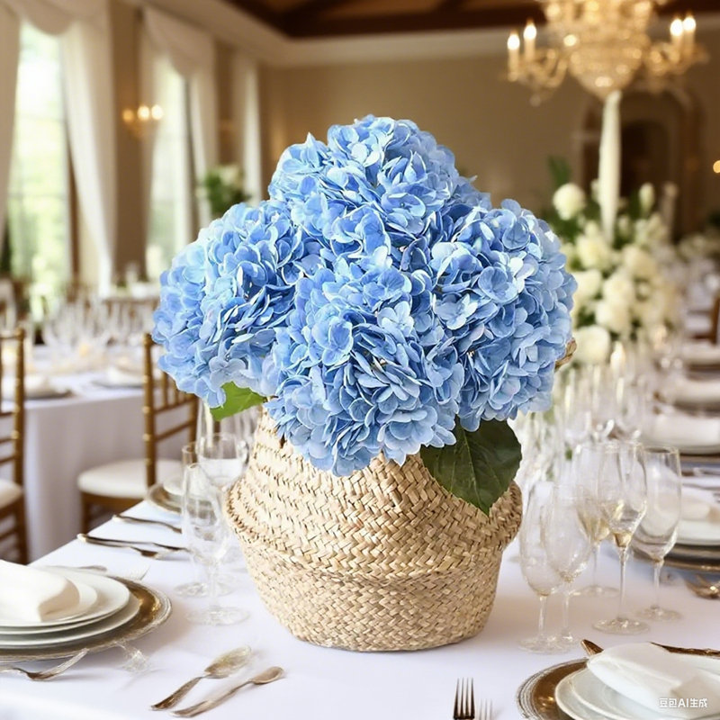 Home Decoration Artificial Flowers, Two-Leaf Hydrangeas, Five-Stem Artificial Hydrangeas, Blue