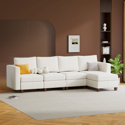  Canapé modulaire modulaire avec repose-pieds avec rangement, canapé modulaire rembourré et confortable pour salon, chambre à coucher, canapé en L 4 places avec 1 repose-pieds, chenille en blanc